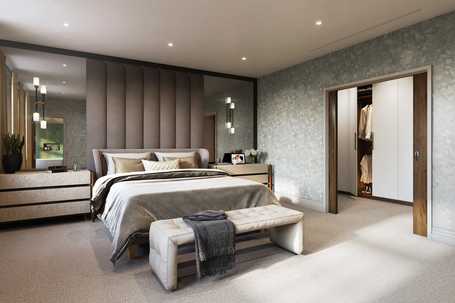 a bedroom with a bed and a mirror