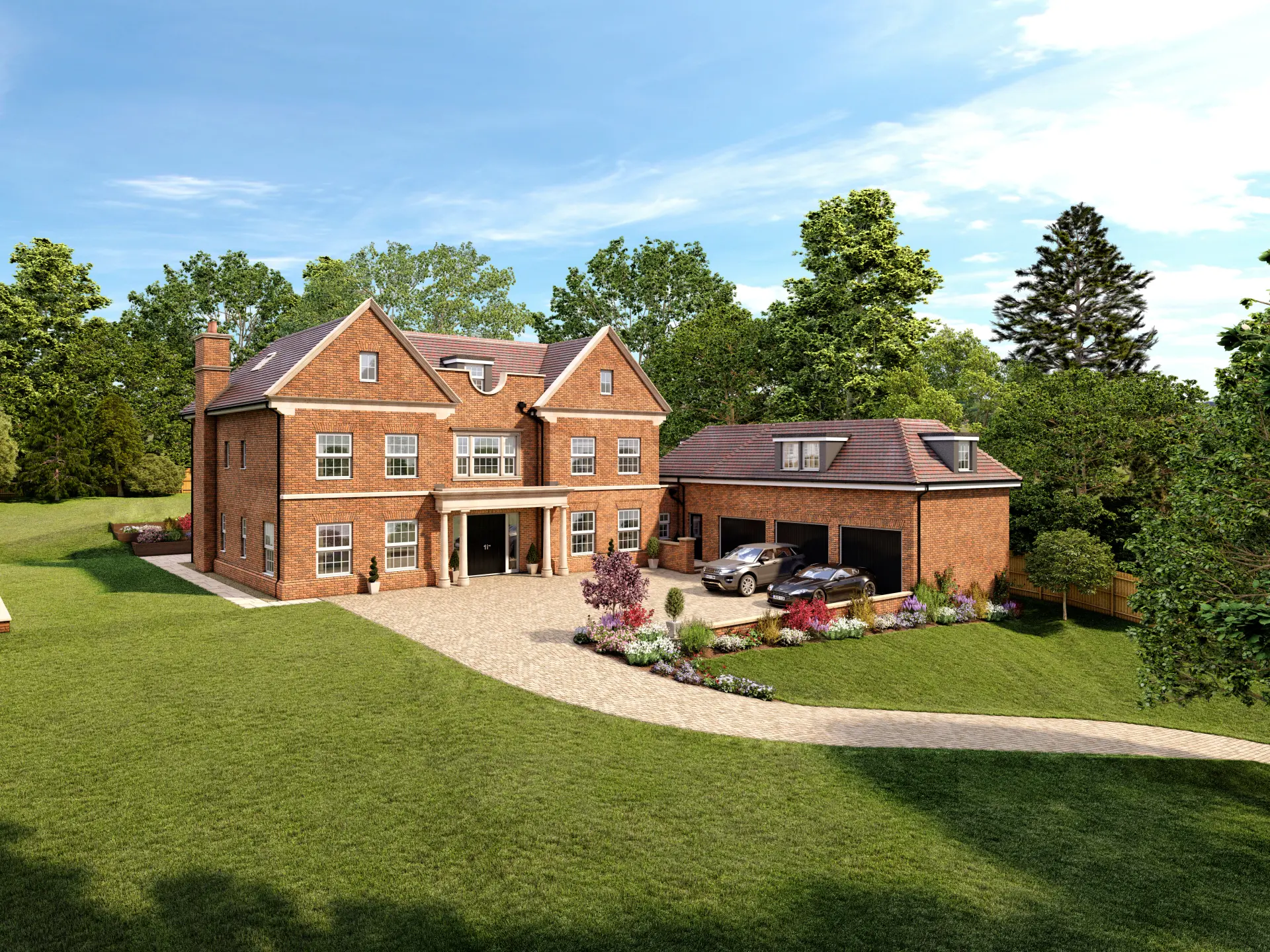 a large brick house with a driveway and cars parked in front of it