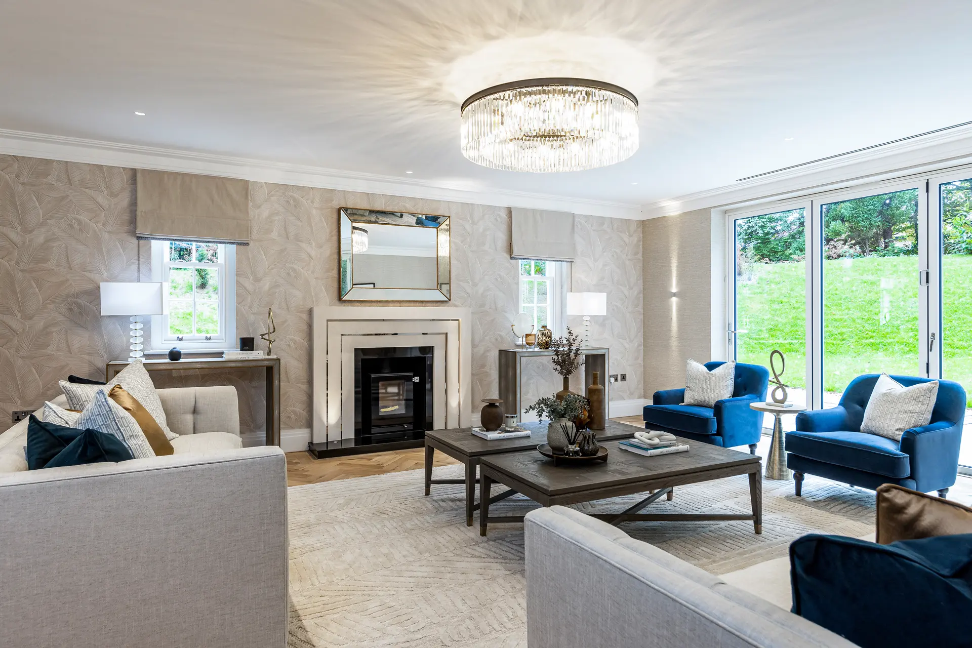 a living room with a fireplace and couches