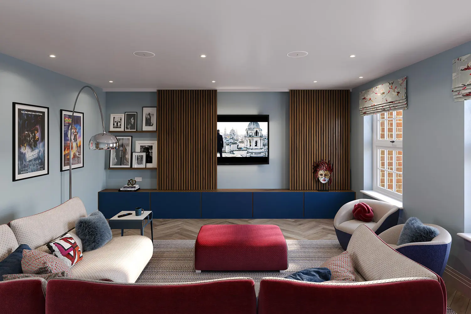 a living room with a red ottoman and a tv