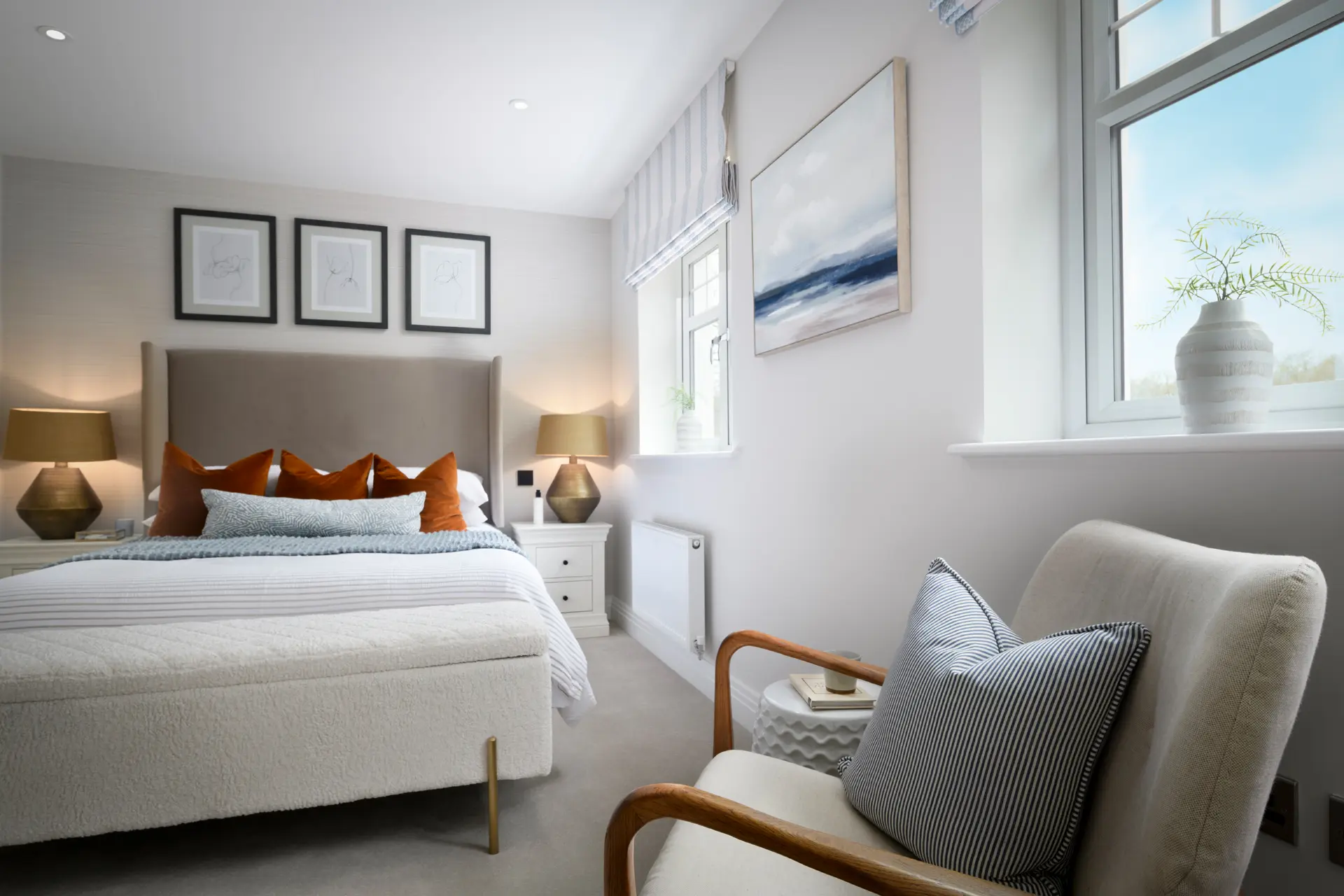a bedroom with a bed and a chair