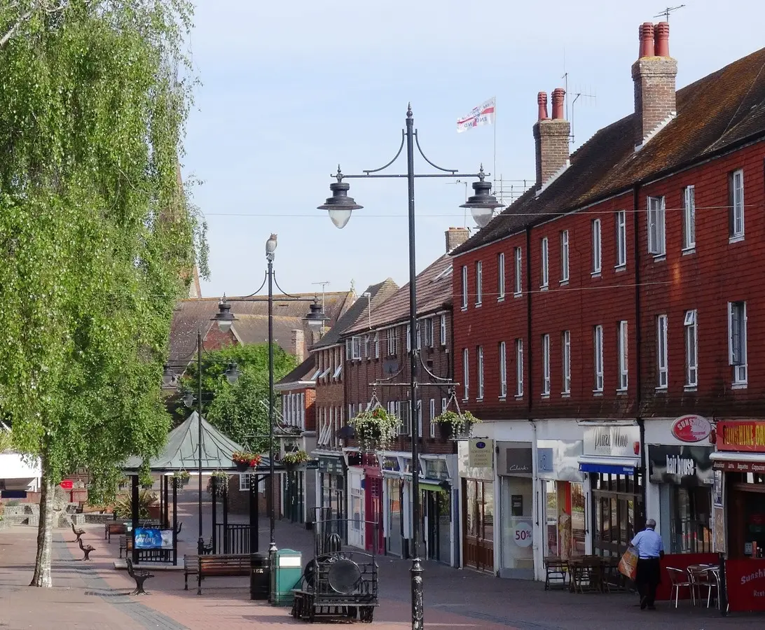 a street with buildings and trees