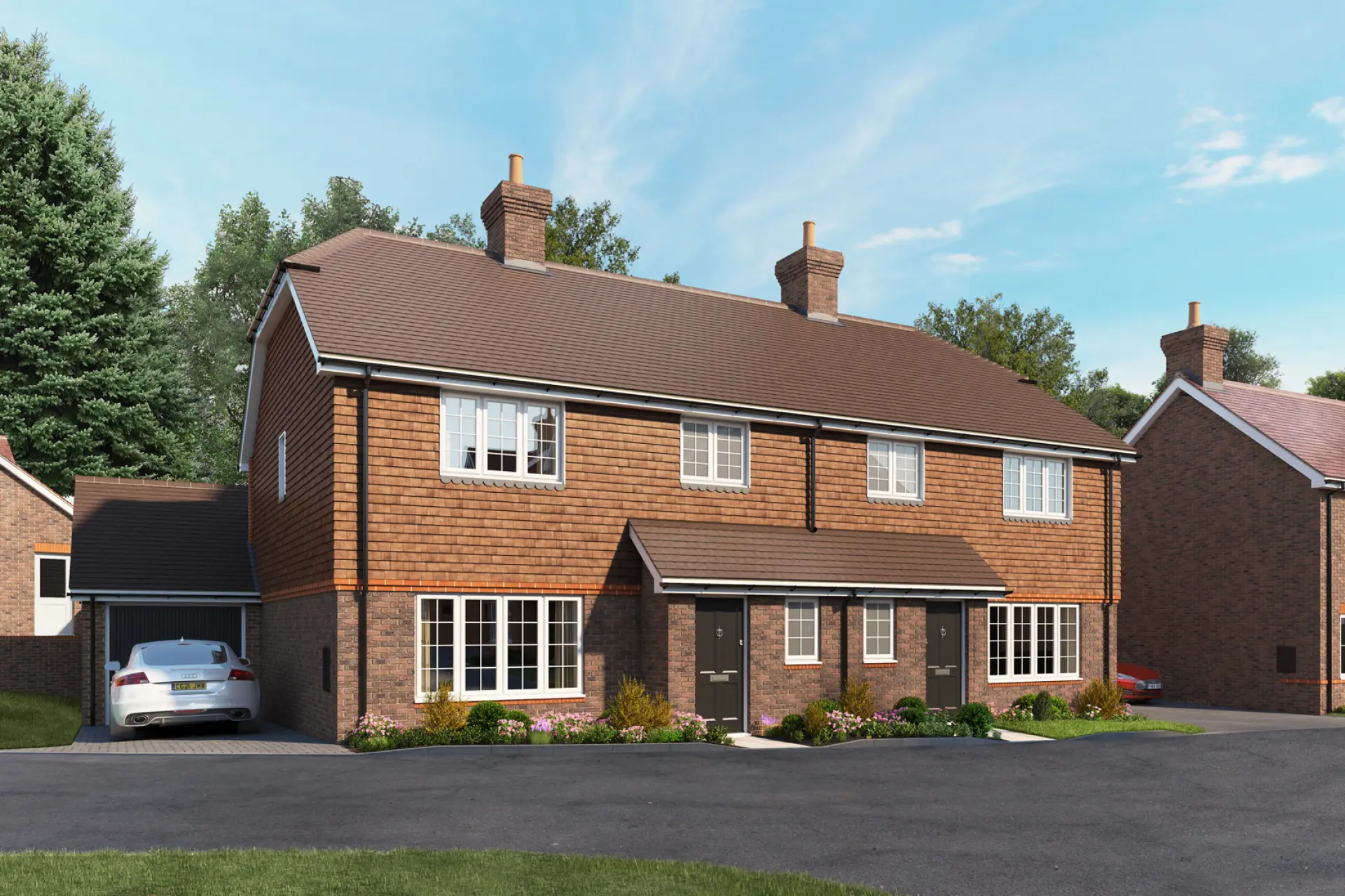a brick house with a driveway and trees