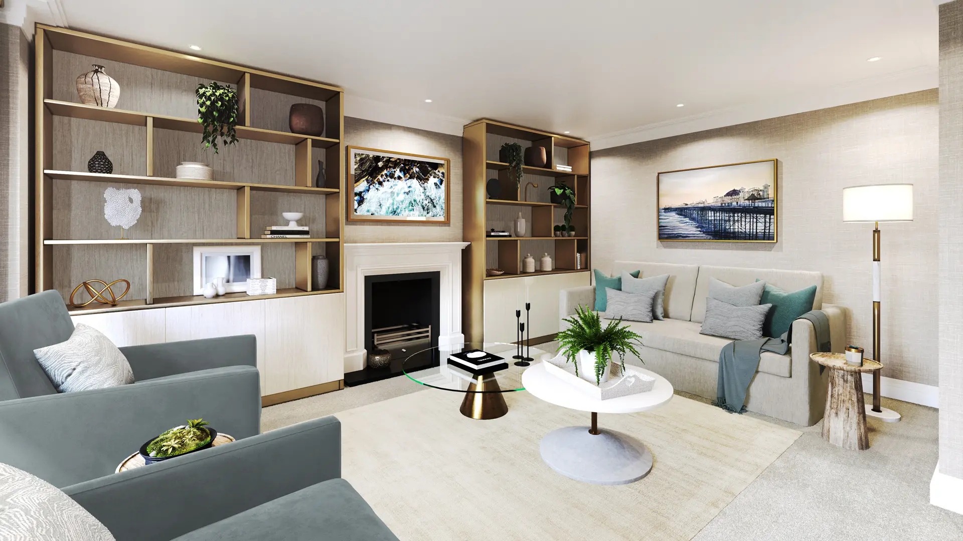 a living room with a fireplace and a couch