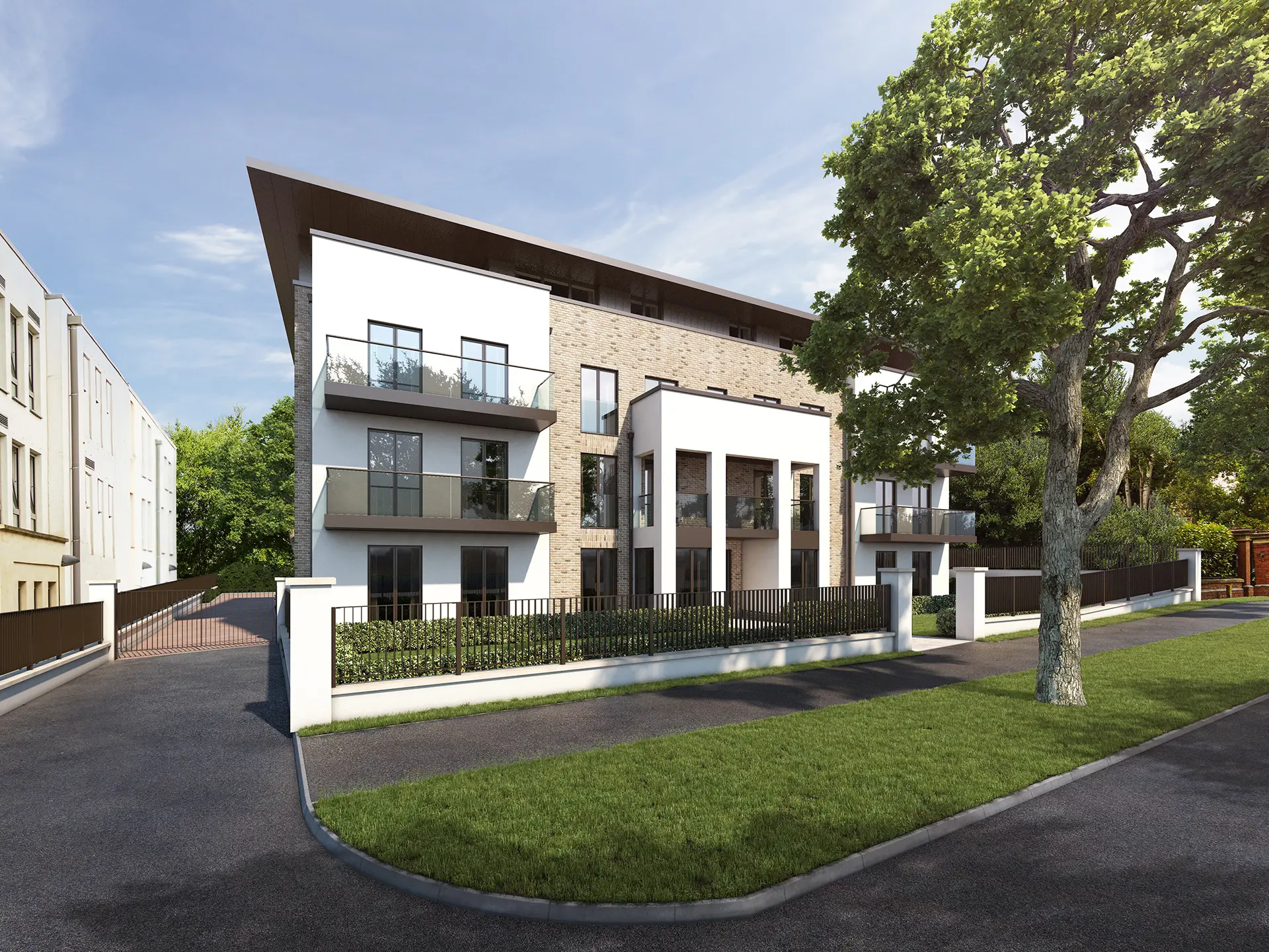 a building with trees and grass